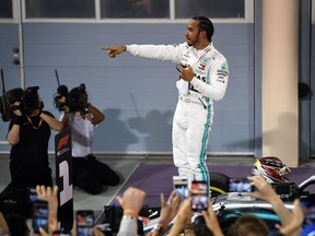 Race winner Lewis Hamilton of Great Britain and Mercedes GP celebrates in parc ferme during the F1 Grand Prix of Bahrain at Bahrain International Circuit on March 31, 2019 in Bahrain, Bahrain.