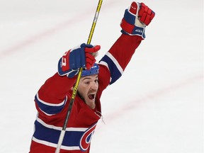Montreal Canadiens' Andrew Shaw celebrates his goal against the New Jersey Devils in Montreal on Dec. 14, 2017.