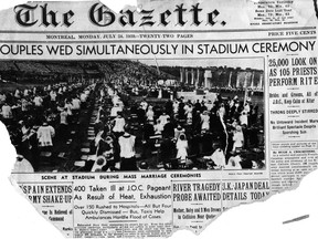 The front page of the Montreal Gazette on July 24, 1939 depicted a wedding ceremony for 105 couples at Delorimier Stadium. The original photograph couldn’t be located in our files.