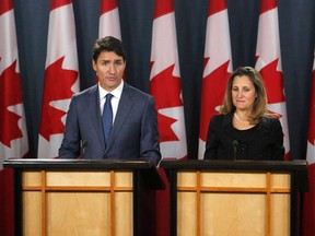 Canada's Prime Minister Justin Trudeau and Minister of Foreign Affairs Chrystia Freeland at a press conference to announce the new USMCA trade pact between Canada, the United States, and Mexico in Ottawa, Oct. 1, 2018.