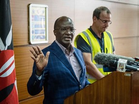 Kenya Airport Authority (KAA) Managing Director and CEO Jonny Andersen and Kenya's Transport Minister James Macharia (L) give a press conference on Ethiopia airline's crash in Ethiopia, at the Jomo Kenyatta International Airport in Nairobi, Kenya, on March 10, 2019.