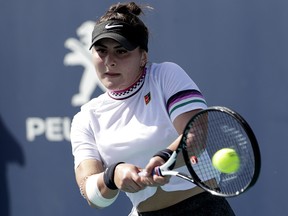 Bianca Andreescu, of Canada, hits during the Miami Open, Thursday, March 21, 2019, in Miami Gardens, Fla.