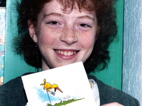 Melissa Auf der Maur, 13, holds the birthday card signed by Prime Minister Brian Mulroney and U.S. President Ronald Reagan at their Shamrock Summit in Quebec City. This photo appeared on Page 1 of the Montreal Gazette on March 20, 1985.