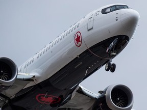 An Air Canada Boeing 737 Max aircraft prepares to land at Vancouver International Airport on March 12, 2019.