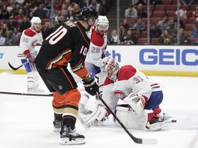Anaheim Ducks' Corey Perry scores against Montreal Canadiens' Carey Price during the second period on March 8, 2019, in Anaheim, Calif.