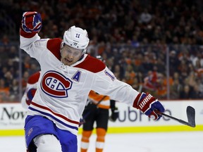 Canadiens' Brendan Gallagher celebrates his team-leading 31st goal, scored during the first period Tuesday night in Philadelphia.