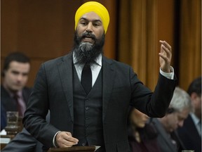 NDP Leader Jagmeet Singh rises for the first time after taking his place in the House of Commons, Monday, March 18, 2019 in Ottawa.