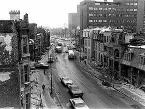 The original caption on this photo, published in the Montreal Gazette on March 21, 1969, was, "The object is to widen and straighten out Dorchester Blvd. here approaching Atwater Ave.  and as far east as Guy St. At any hour, traffic becomes a headache."