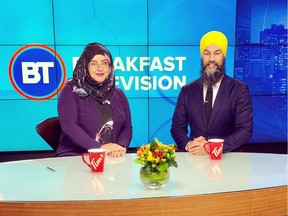 Fariha Naqvi-Mohamed and NDP Leader Jagmeet Singh pose for a photo on the set of Breakfast Television in Montreal, March 11, 2019 after the recording of Singh's interview with Joanne Vrakas.