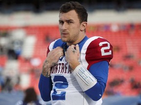Montreal Alouettes quarterback Johnny Manziel is seen during the pre-game to CFL football action against the Argonauts in Toronto on Oct. 20, 2018.