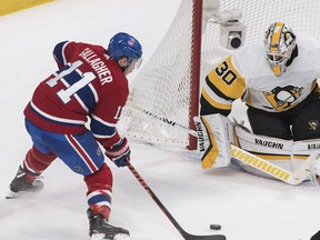 Montreal Canadiens' Brendan Gallagher moves in on Pittsburgh Penguins goaltender Matt Murray during third period in Montreal on March 2, 2019.
