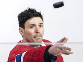 Canadiens goalie Carey Price tosses a puck to fans after being named the first star in a 3-1 win over the Detroit Red Wings at the Bell Centre in Montreal on March 12, 2019. The win was the 315th of Price’s NHL career, moving him past Jacques Plante and into first place on the Canadiens’ all-time list for goalies.