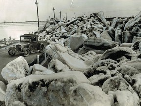 March 28, 1938: Ice from the St. Lawrence piles up on the highway leading to La Prairie.