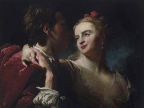 In this photo provided by the U.S. Attorney's Office for the Southern District of New York, a painting entitled "An Amorous Couple," by Pierre Louis Goudreaux is shown. The U.S. Attorney's Office said on Thursday, March 21, 2019, that the painting was stolen from the Bohdan and Varvara Khanenko National Museum of the Arts in Kyiv, Ukraine around 1943. and it is seeking a court order to get the painting and return it to the museum. (Pierre Louis Goudreaux via AP) ORG XMIT: NYR104