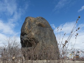 The Irish commemorative stone, also called the black rock, is seen in Montreal on Friday, March 15, 2019.