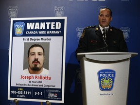 Peel Regional Police homicide Insp. Martin Ottaway  speaks about the recent murder of Niagara chapter Hells Angels member Michael Deabaitua-Schulde, 32, who was shot to death Monday outside a Mississauga gym. Joseph Pallotta was wanted on a Canada wide warrant.