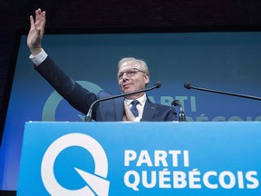 Then-PQ leader Jean-François Lisée waves to supporters at PQ headquarters in Montreal, Monday, October 1, 2018, on election night in Quebec.