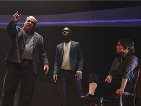 Harry Standjofski, left, Thierry Mabonga and Charlotte Aubin in Première Neige/First Snow. The co-production from the National Theatre of Scotland and Quebec companies Théâtre PÀP and Hôtel-Motel first played at the Edinburgh Festival.