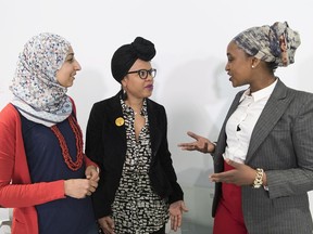 Safa Chebbi, Marlihan Lopez and Idil Issa (left to right) are part of a coalition to mobilize Quebecers against what they describe as discriminatory legislation.