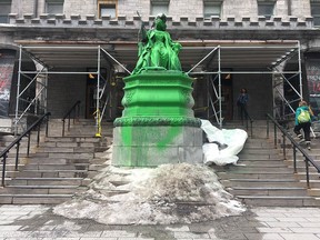 The statue of Queen Victoria on Sherbrooke St. on March 24, 2019. An anti-colonial group says it vandalized the statue in an act of protest.