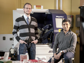 McMaster University physics professor Maikel Rheinstadter, left, with undergraduate biochemistry student Andree Khondker.