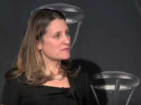 Chrystia Freeland is seen in this screen shot from Canadian Press video showing her express her confidence in the Prime Minister Justin Trudeau.