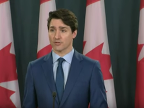 Screen shot from Associated Press video of PM Trudeau's media conference on Thursday, March 7, 2019.
