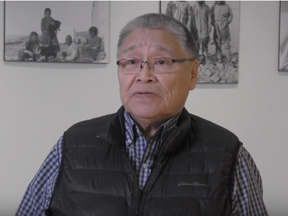 Screen shot of TB survivor James Eetoolook from Canadian Press video about Trudeau's apology to the Inuit.