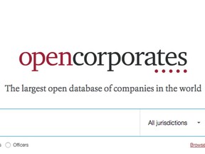 Screengrab of homepage for OpenCorporates, which makes it easier to search Quebec's Registraire des entreprises data and has been used in money laundering investigations.