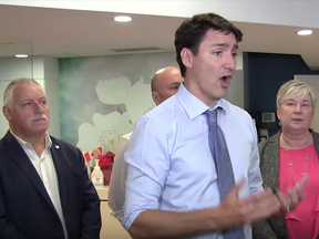 Prime Minister Trudeau is seen in this screen shot from Canadian Press video about his comment to an Indigenous protester.