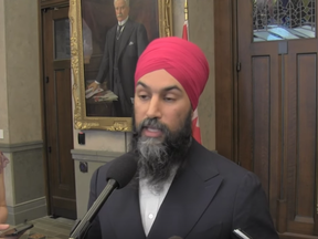 NDP Leader Jagmeet Singh is seen in screen shot from Canadian Press video about Quebec secularism bill.