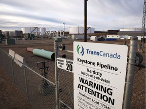 TransCanada's Keystone pipeline facilities are seen in Hardisty, Alta., on Friday, Nov. 6, 2015. TransCanada Corp. raised its dividend as it reported its fourth-quarter profit rose compared with a year ago.