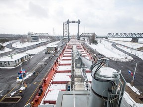 A view of the bow of the Canada Steamship Lines Trillium Class ship Baie St. Paul as it rests at the St. Lambert lock on the St. Lawrence Seaway system in Montreal on the opening day of the Seaway's 55th season on Friday, March 22, 2013.