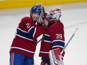 Canadiens centre Ryan Poehling and goalie Charlie Lindgren celebrate after 6-5 shootout win over the Toronto Maple Leafs in NHL game at the Bell Centre in Montreal on Saturday, April 6, 2019. Poehling, making his NHL debut, scored three goals and then added the winner in the shootout.