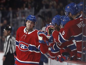 Canadiens' Ryan Poehling celebrates his first NHL goal against the Toronto Maple Leafs during NHL action in Montreal on Saturday, April 6, 2019.