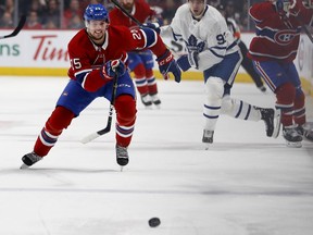 Canadiens' Ryan Poehling chases a puck into the corner during NHL action against the Toronto Maple Leafs in Montreal on Saturday, April 6, 2019.