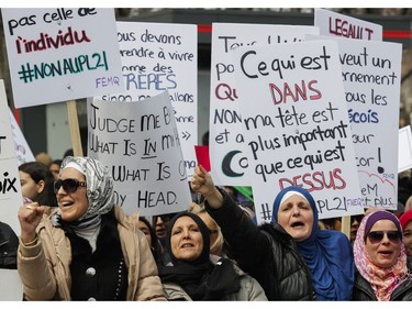 Women attend a demonstration Place Émilie-Gamelin in Montreal on Sunday, April 7, 2019, to denounce the Quebec government's Bill 21.
