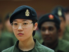 Senna Choi and other Canadian army cadets take part in training at the Royal Montreal Regiment in Westmount April 5, 2019. Cadets is an after-school activity that teaches young people life and leadership skills.