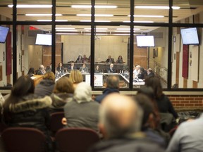 Parents and students of Galileo Adult Education Centre attend a meeting at the English Montreal School Board office on April 10.