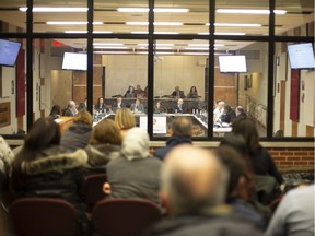 Parents and students of Galileo Adult Education Centre attend a meeting at the English Montreal School Board office on April 10, 2019.
