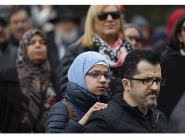 People listen to speakers at a Rally For Religious Freedom and against the CAQ government's Bill 21 in Côte-St-Luc on Sunday, April 14, 2019.