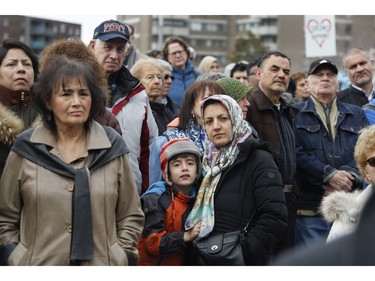 People listen to speakers at a Rally For Religious Freedom and against the CAQ government's Bill 21 in Côte-St-Luc on Sunday, April 14, 2019.