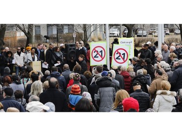 People listen to speakers at a Rally For Religious Freedom and against the CAQ government's Bill 21 in Côte-St-Luc on Sunday, April 14, 2019.