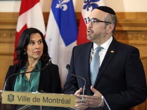MONTREAL, QUE.: APRIL 15, 2019 -- Montreal Mayor Valérie Plante and city councillor Lionel Perez, leader of the Ensemble Montreal opposition party, delivered a joint statement denouncing Bill 21, the Quebec governments's controversial proposed law governing religious neutrality, at City Hall in  Montreal Monday April 15, 2019. (John Mahoney / MONTREAL GAZETTE) ORG XMIT: 62385 - 4368