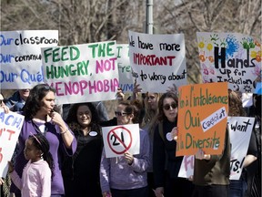 Westmount Park Elementary School teachers and students protest against Bill 21 in this 2019 file photo,