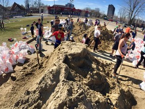 Pierrefonds residents bagged sand at Pierrefonds Comprehensive High School for residents in  on Monday April 22, 2019 in preparation of spring flooding.