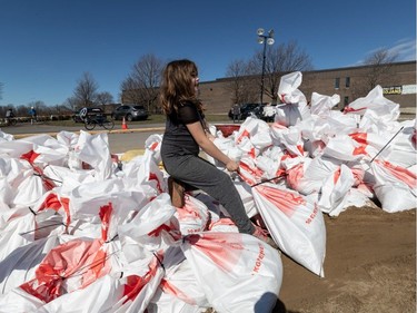 9-year-old Kaitlyn Robertson-Zerkler hauls sand bags at Pierrefonds Comprehensive High School in preparation for the spring flooding on Monday April 22, 2019.