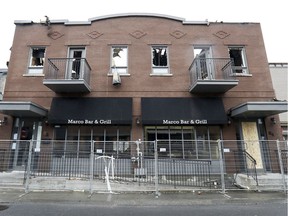 Marco Bar and Grill in Ste-Anne-de-Bellevue in 2019, after it was severely damaged by fire. The building has been unused since.