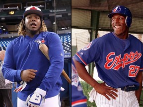 Toronto Blue Jays' Vladimir Guerrero Jr. April 26, 2019 and Montreal Expos' Vladimir Guerrero Sr. on Feb. 20, 1998.