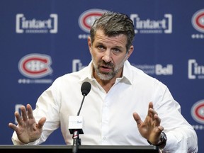 Canadiens general manager Marc Bergevin meets the media at the Bell Sports Complex in Brossard on April 9, 2019 after his team missed the NHL playoffs for the second straight season.